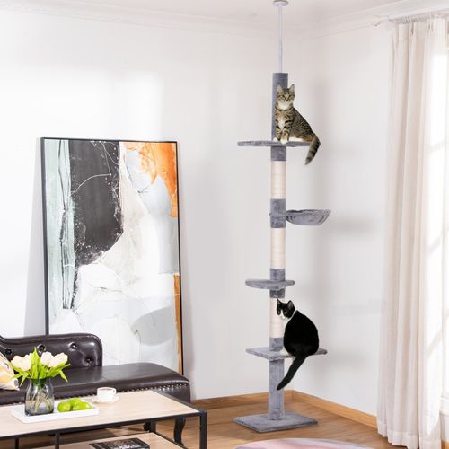 Arbre à Chat Réglable 230-260 Cm En Peluche Grise, 5 Niveaux, Poteaux Sisal Robustes, 78 Cm