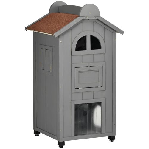 Maison Pour Chat 2 Niveaux 59x55x109 Cm En Sapin Gris, Toit Bitumé, Adaptée Intérieur/extérieur