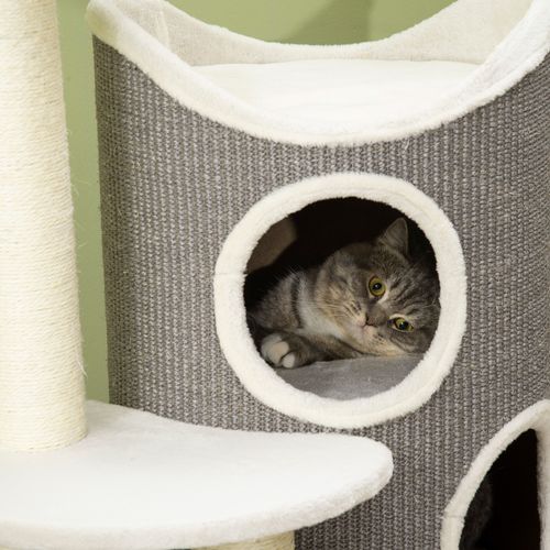 Lit Pour Chat 60x44,5x109 Cm En Velours Blanc, Arbre à Griffer Avec Tonneau 3 Niveaux