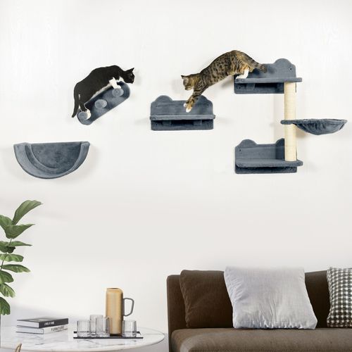 Mur D'escalade Mural 4 Pièces Pour Chat Gris, Griffoirs En Sisal Et Plateformes En Peluche