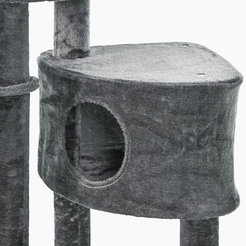 Arbre à Chat Hauteur Plafond 220-265 Cm En Plush Gris Foncé, Grotte, Hamac Et Poteaux En Sisal