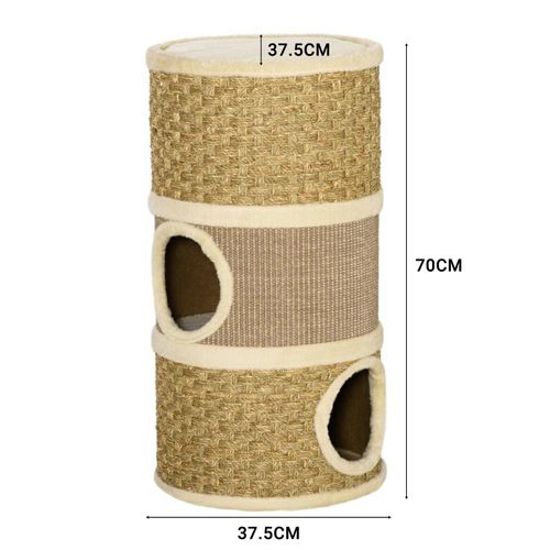 Arbre à Chat 3 Niveaux 37,5x37,5x70 Cm En Peluche Et Sisal, Ouvertures18 Cm, Coloris Marron