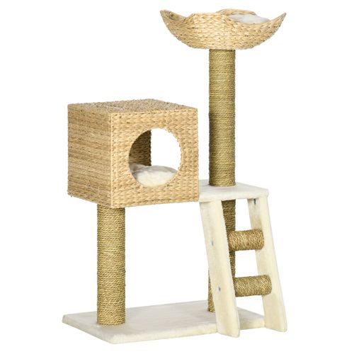 Arbre à Chat 100,5 Cm En Bois Naturel, Maison Et Couchage En Peluche, Échelle Et Griffoirs