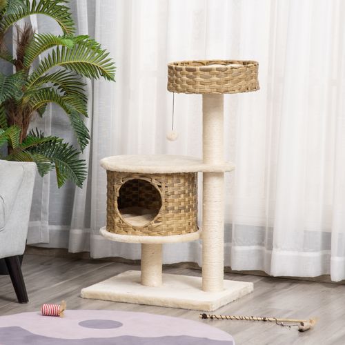 Arbre à Chat 55x47x95 Cm En Pe‑rattan Naturel Et Sisal, Maison Cosy, Jouet Suspendu Et Coussins