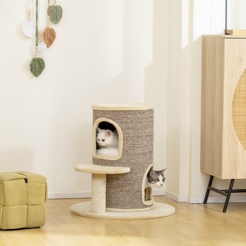 Lit - Tonneau Griffoir Pour Chat 60x60x61 Cm En Sisal Et Peluche Beige/marron, 2 Niveaux