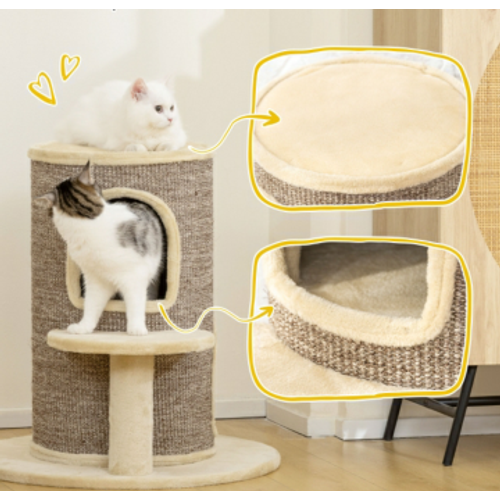 Lit - Tonneau Griffoir Pour Chat 60x60x61 Cm En Sisal Et Peluche Beige/marron, 2 Niveaux