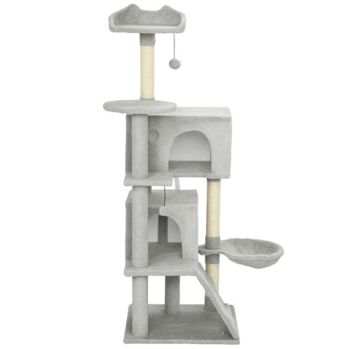 Arbre à Chat Multifonction En Polyester Gris Clair Avec Plateformes, Hamac Et Poteaux En Sisal