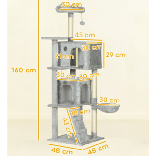 Arbre à Chat 160 Cm Gris Clair Avec Plateformes, Hamac, Grotte, Échelle Et Troncs En Sisal