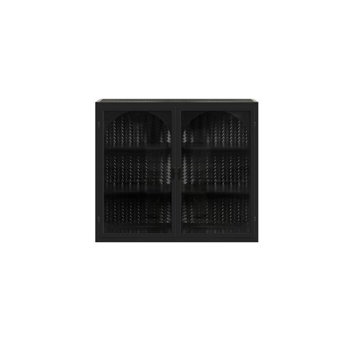 Armoire Murale 70x23 Cm En Métal Et Verre Trempé Noir, Motif Tressé, 2 Portes, 3 Étagères