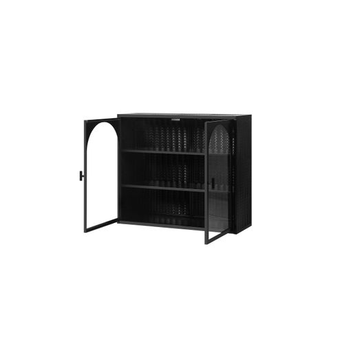 Armoire Murale 70x23 Cm En Métal Et Verre Trempé Noir, Motif Tressé, 2 Portes, 3 Étagères