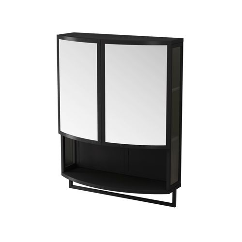 Armoire Murale 60x22,5x80 Cm Noire En Fer, Porte Cintrée, Miroir Sécurisé Et Étagère Ouverte