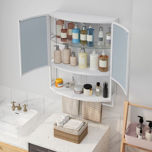 Armoire Murale 77x22,5x80 Cm Blanche à Portes Cintrées, Miroir Incassable Et Étagère Ouverte