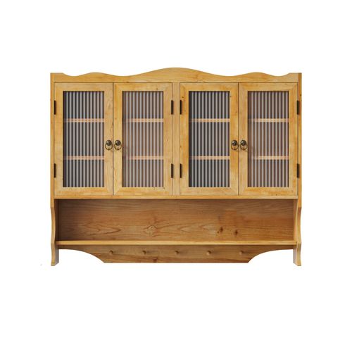 Armoire Murale 100x20x80 Cm En Bois Massif Naturel Et Verre, 4 Portes, Étagères Amovibles