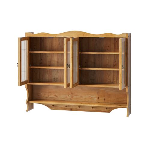 Armoire Murale 100x20x80 Cm En Bois Massif Naturel Et Verre, 4 Portes, Étagères Amovibles