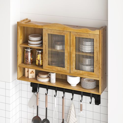 Armoire Murale 90x20x60 Cm Naturel Bois Et Verre, 2 Portes Coulissantes, 3 Étagères Réglables