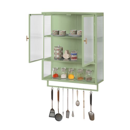 Meuble Mural 60x23x78 Cm En Verre Cannelé Et Métal Vert, Armoire 2 Portes Avec Étagère Ouverte