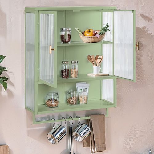 Meuble Mural 60x23x78 Cm En Verre Cannelé Et Métal Vert, Armoire 2 Portes Avec Étagère Ouverte