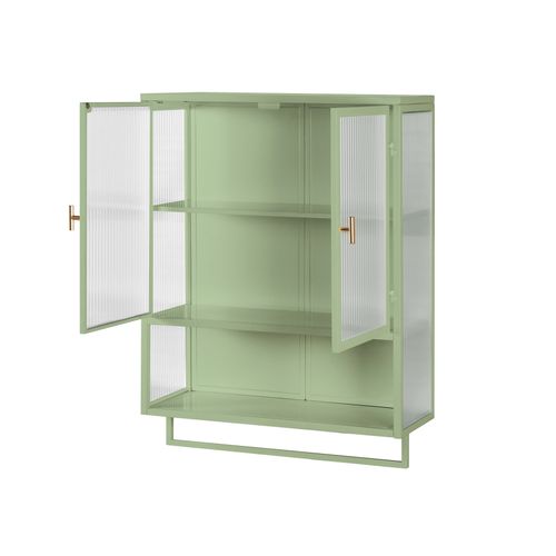 Meuble Mural 60x23x78 Cm En Verre Cannelé Et Métal Vert, Armoire 2 Portes Avec Étagère Ouverte