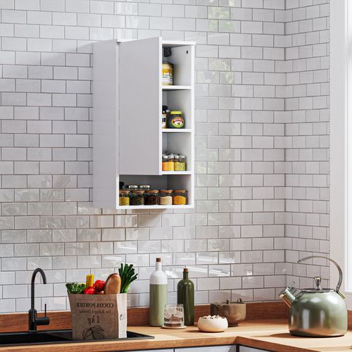 Armoire Murale Blanche 40 X 27 X 77 Cm, 3 Étagères Réglables Et Niche Ouverte, Design Sans Poignée