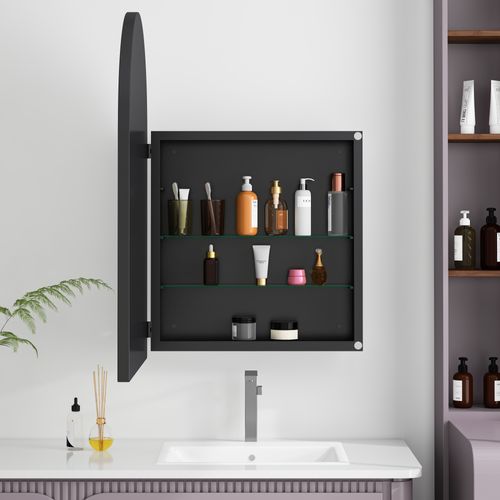 Armoire-miroir Encastrable Ou Murale En Métal Noir, Porte Miroir Et Verre Trempé, Rangement Pratique