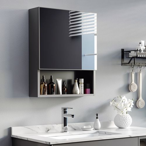 Armoire Miroir Murale 46x13,5x58 Cm En Acier Inoxydable Noir, Fermeture Douce Et 3 Étagères