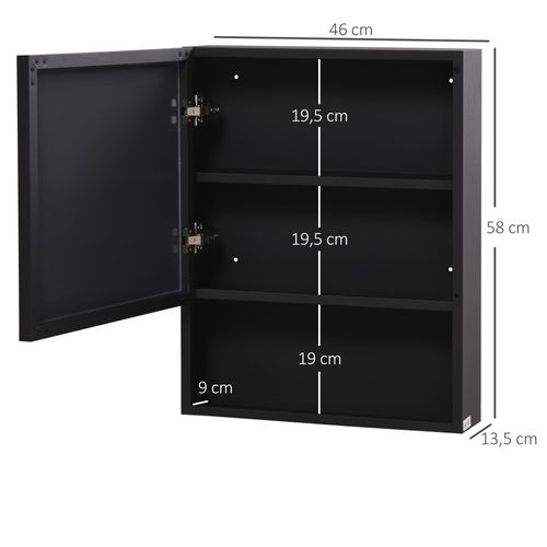 Armoire Miroir Murale 46x13,5x58 Cm En Acier Inoxydable Noir, Fermeture Douce Et 3 Étagères