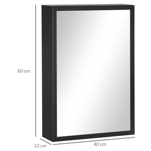 Armoire Miroir Murale 40x12x60 Cm En Acier Inox Noir, 3 Étagères Réglables, Gain De Place