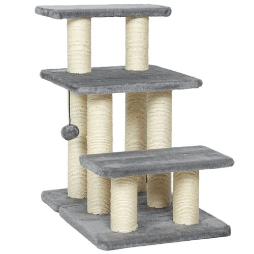 Escalier Animaux 3 Marches 54 Cm Bois Gris, Peluche Et Poteaux Sisal, Marche Réglable
