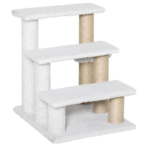 Escalier Pour Animaux En Bois Blanc, 3 Marches, Plateaux En Peluche, Jute Et Balle Ludique