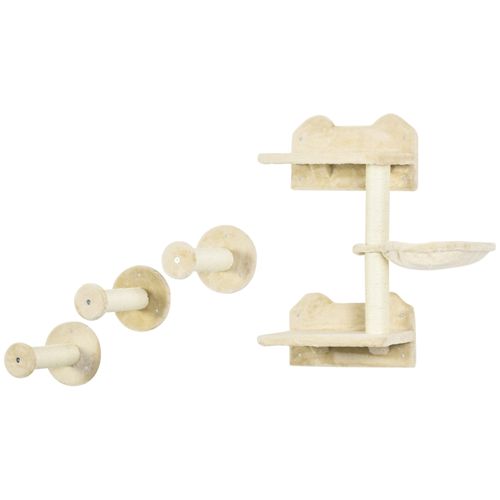 Kit D'escalier Mural Pour Chat 4 Pièces En Peluche Beige Avec Griffoir, Hamac Et Plateforme