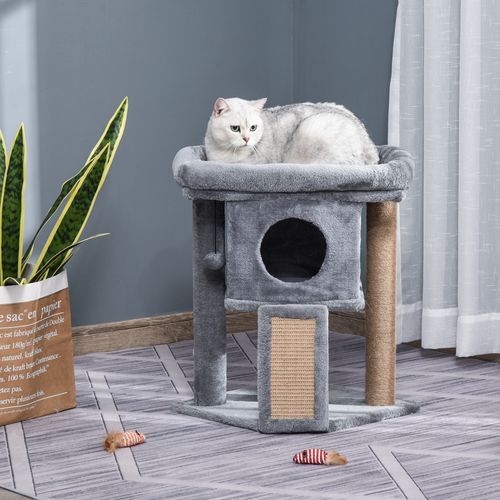 Arbre à Chat 40x40x57 Cm En Peluche Gris Clair Avec Niche 30x30x23 Cm, Tapis Jute Et Balle