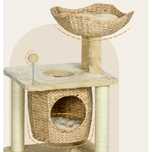 Arbre à Chat 74 Cm En Peluche Beige, Panier Et Cachette, Poteaux En Corde De Jute Résistante