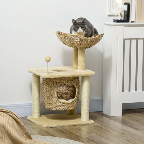 Arbre à Chat 74 Cm En Peluche Beige, Panier Et Cachette, Poteaux En Corde De Jute Résistante