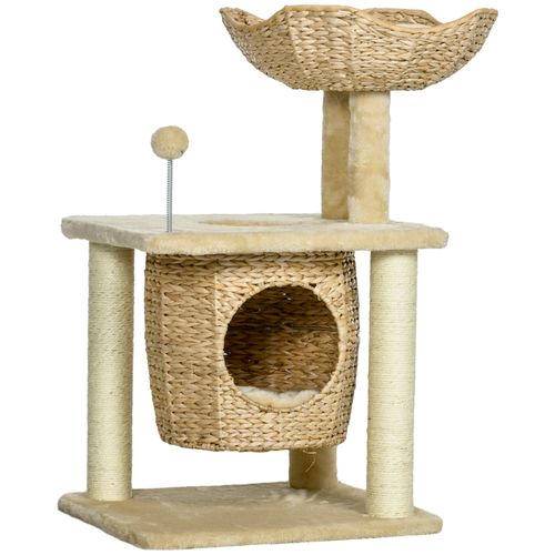 Arbre à Chat 74 Cm En Peluche Beige, Panier Et Cachette, Poteaux En Corde De Jute Résistante