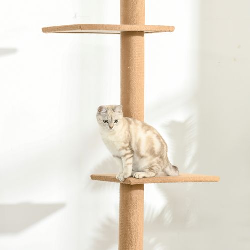 Arbre à Chat Réglable 43x27x228-260cm Brun Fixation Plafond, 4 Niveaux Et Coussins En Peluche