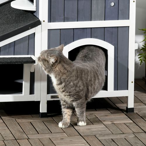 Maison Pour Chat Extérieure 2 Niveaux En Bois Gris 96x65x85,5 Cm, Toit Bitumé Et Jardinière