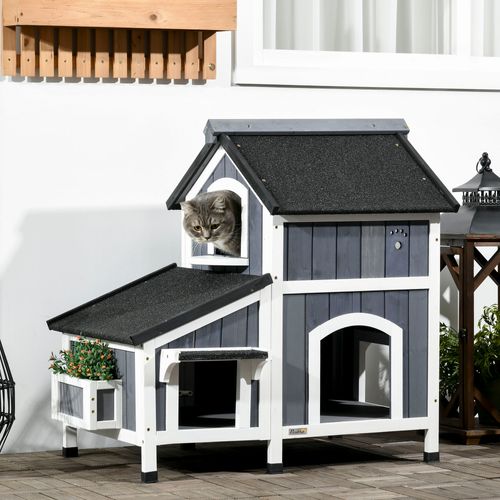 Maison Pour Chat Extérieure 2 Niveaux En Bois Gris 96x65x85,5 Cm, Toit Bitumé Et Jardinière