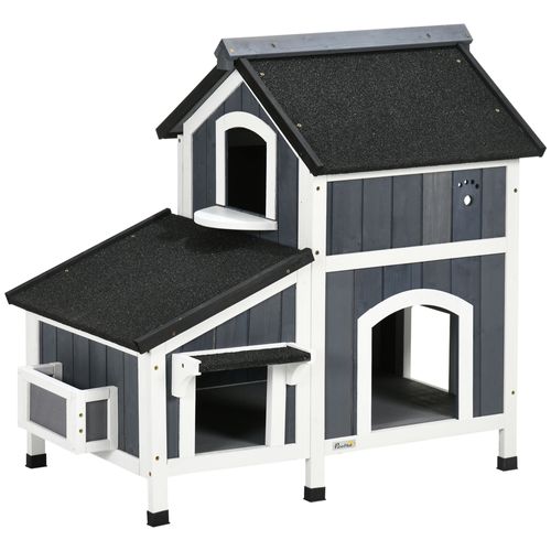 Maison Pour Chat Extérieure 2 Niveaux En Bois Gris 96x65x85,5 Cm, Toit Bitumé Et Jardinière