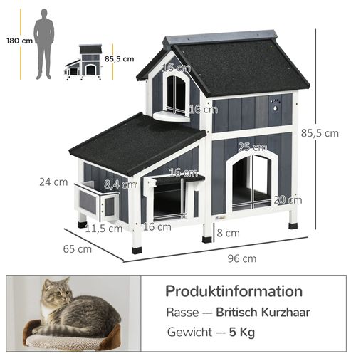 Maison Pour Chat Extérieure 2 Niveaux En Bois Gris 96x65x85,5 Cm, Toit Bitumé Et Jardinière