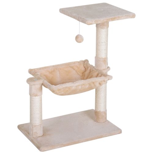 Lit Arbre à Chat 50x36x70 Cm En Peluche Beige – 3 Poteaux Sisal, Hamac Suspendu Et Plateforme
