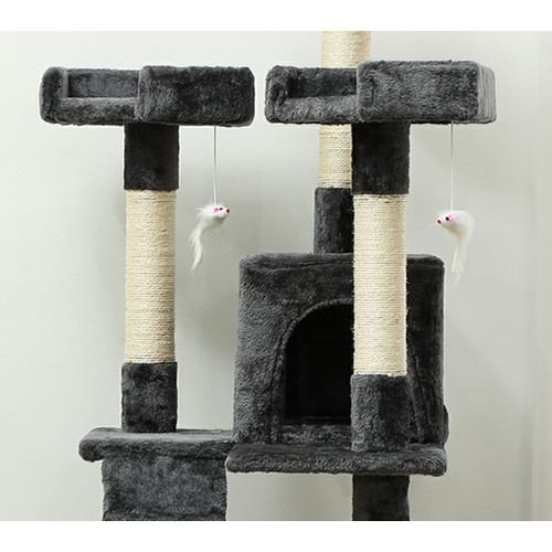 Arbre à Chat XXL 49x49x173 Cm En Peluche Grise, 2 Maisons, 3 Plateformes Et Jouets Suspendus