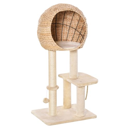 Arbre à Chat Tout-en-un 100 Cm Beige Avec Niche Spacieuse, Poteaux Sisal Et Jouet Boule