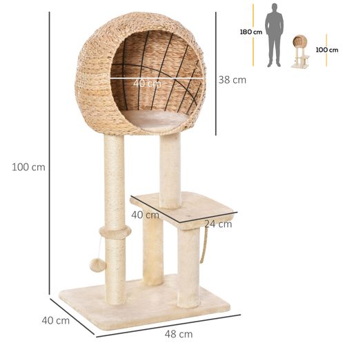 Arbre à Chat Tout-en-un 100 Cm Beige Avec Niche Spacieuse, Poteaux Sisal Et Jouet Boule
