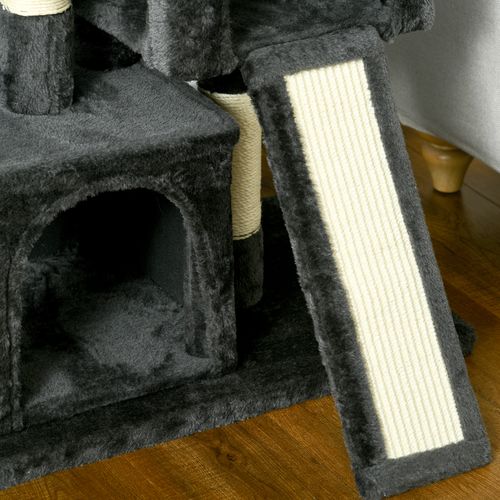 Lit Pour Chat 59x39x83 Cm En Peluche Gris Foncé, Arbre à Griffer Avec Sisal Et Refuge Douillet