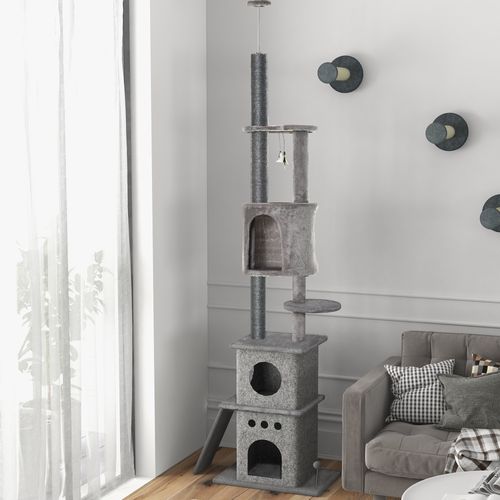 Arbre à Chat Monté Au Plafond 225-255 Cm, Multifonction Peluche Gris Clair Avec Sisal