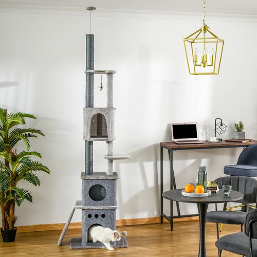 Arbre à Chat Monté Au Plafond 225-255 Cm, Multifonction Peluche Gris Clair Avec Sisal