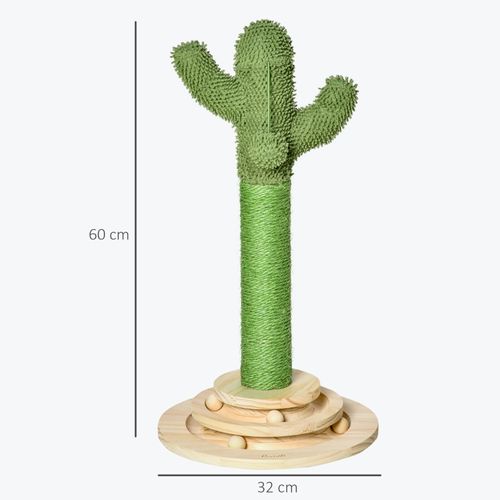 Griffoir Cactus 32x32x60 Cm En Sisal Et Bois De Pin, Peluche Verte, Jouet Boule En Bois Compact
