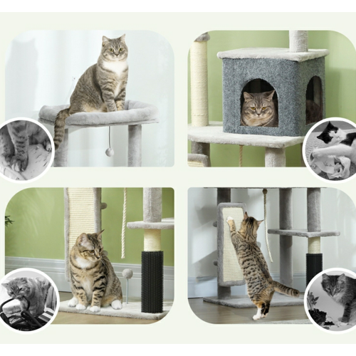 Arbre à Chat 132 Cm En Peluche Gris Clair Avec Maison, Plateformes, Poteaux En Sisal Et Brosse
