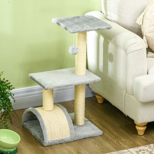 Arbre à Chat 72 Cm En Peluche Gris Clair Avec Poteaux Sisal, Plateformes Et Balle Suspendue
