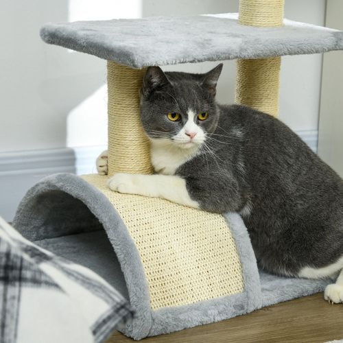 Arbre à Chat 72 Cm En Peluche Gris Clair Avec Poteaux Sisal, Plateformes Et Balle Suspendue